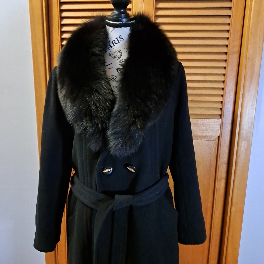 LA POMPADOUR Paris Wool And Cashmere Coat Removable Fur Collar Size 44 Euro - Picture 2 of 11